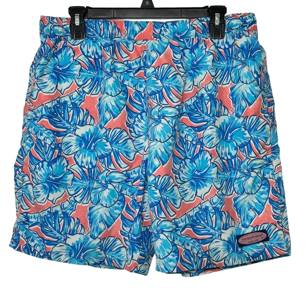 Vineyard Vines Mens Tropical Hibiscus Swim Trunks Blue Coral‎ Pink Medium